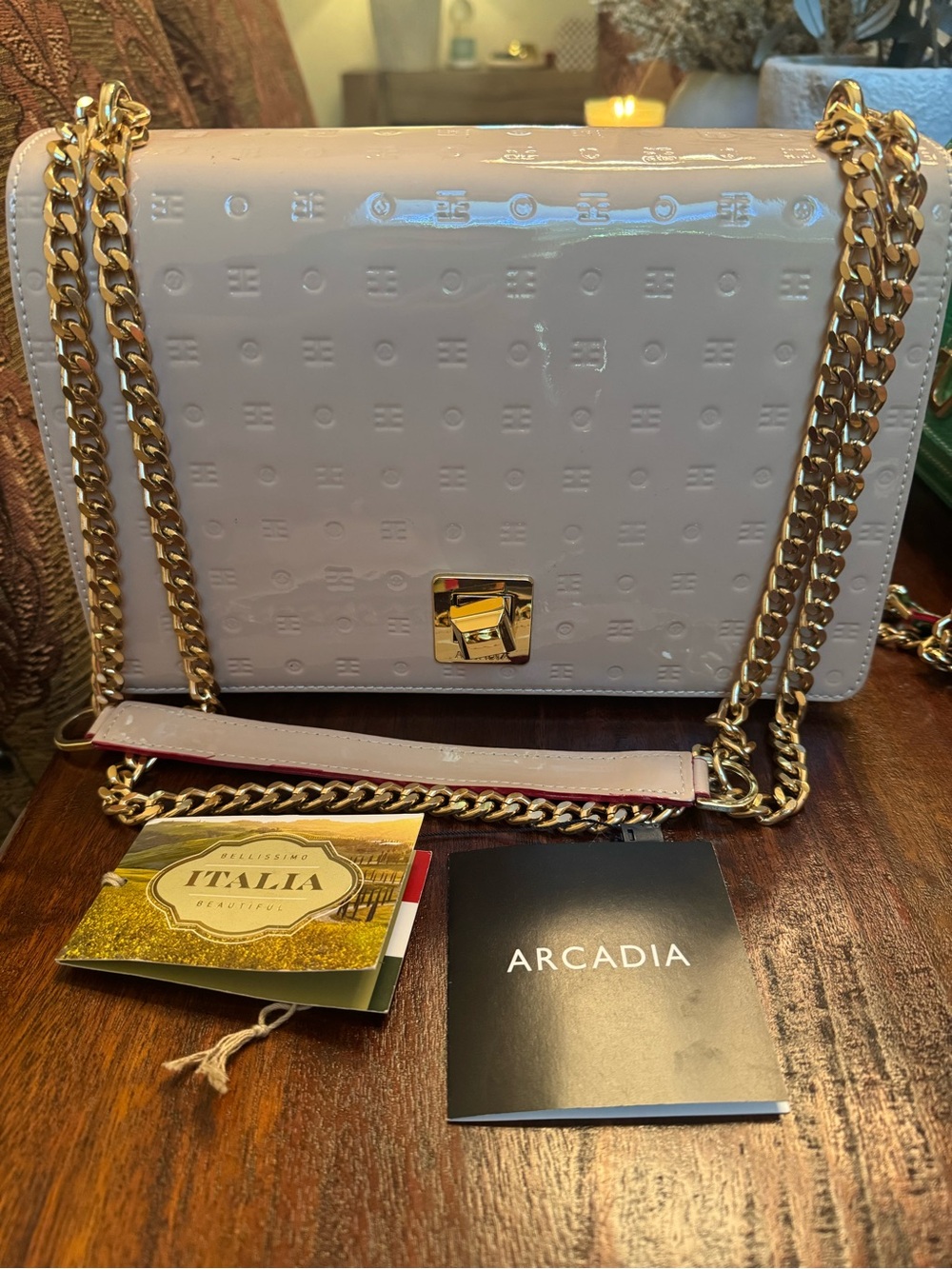 Arcadia Light blush Patent Leather Chain Crossbody Bag with Gold Hardware